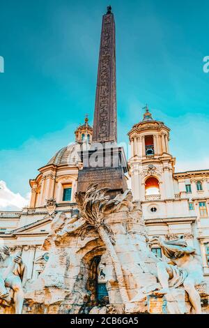 Piazza Navona  is a square in Rome, Italy. It is built on the site of the Stadium of Domitian. Fountain of Four Rivers (Fontana dei Fiumi).Italy. Stock Photo