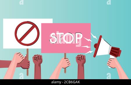 people hands protesting lifting banner with stop word and megaphone on the city vector illustration design Stock Vector