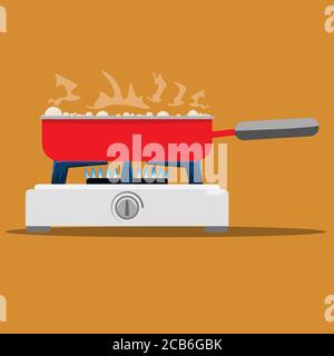 Cooking pan on gas stove. Flat and solid color vector illustration. Stock Vector