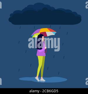 woman is talking on the phone and walking down the street in the rain. Vector illustration, flat design. Stock Vector