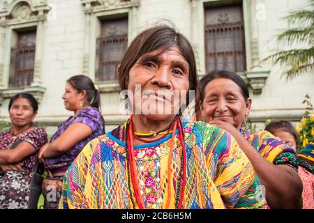 Guatemala City / Guatemala - August 27, 2015: portrait of indigenous women in traditional dresses during protest in the streets against the corrupt government of Guatemala Stock Photo