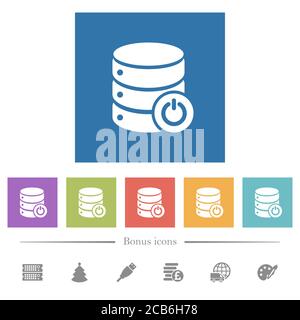 Database main switch flat white icons in square backgrounds. 6 bonus icons included. Stock Vector