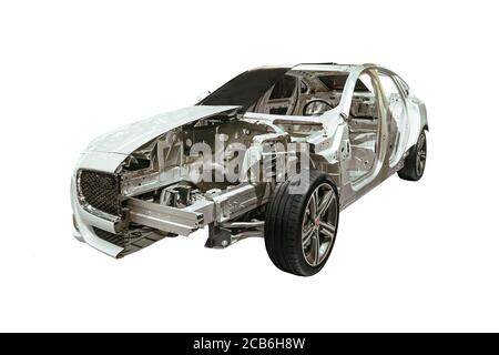 car is half disassembled. Showing the inside of the car. The hood of the car without the engine and gearbox. The metal body of a car isolated on a whi Stock Photo