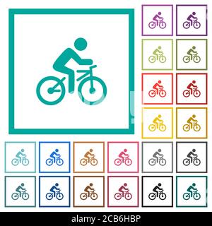 Bicycle with rider flat color icons with quadrant frames on white background Stock Vector
