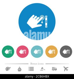 Left handed scroll down gesture flat white icons on round color backgrounds. 6 bonus icons included. Stock Vector