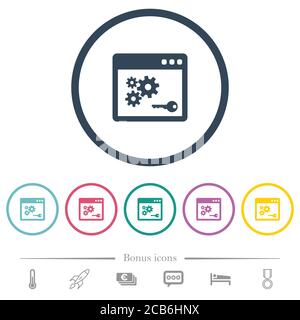 API key flat color icons in round outlines. 6 bonus icons included. Stock Vector