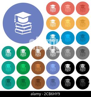 Graduation cap with books multi colored flat icons on round backgrounds. Included white, light and dark icon variations for hover and active status ef Stock Vector