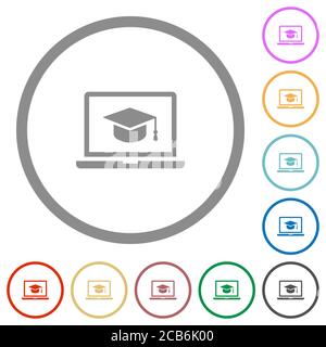 Webinar on laptop flat color icons in round outlines on white background Stock Vector