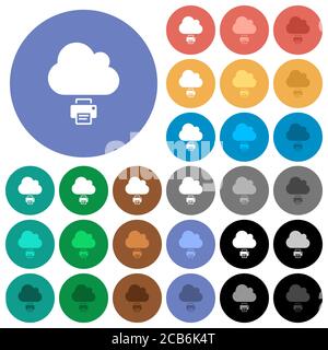 Cloud printing multi colored flat icons on round backgrounds. Included white, light and dark icon variations for hover and active status effects, and Stock Vector