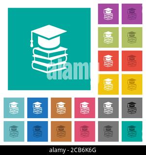 Graduation cap with books multi colored flat icons on plain square backgrounds. Included white and darker icon variations for hover or active effects. Stock Vector