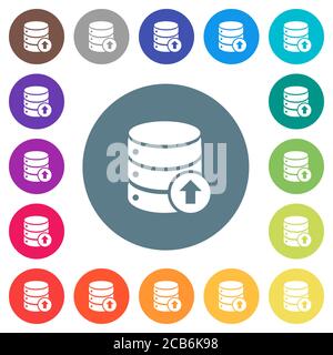 Database move up flat white icons on round color backgrounds. 17 background color variations are included. Stock Vector