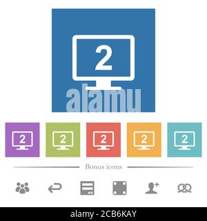 Secondary display flat white icons in square backgrounds. 6 bonus icons included. Stock Vector
