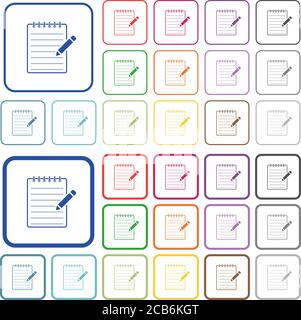 Spiral notepad with pencil color flat icons in rounded square frames. Thin and thick versions included. Stock Vector