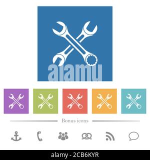 Two wrenches flat white icons in square backgrounds. 6 bonus icons included. Stock Vector