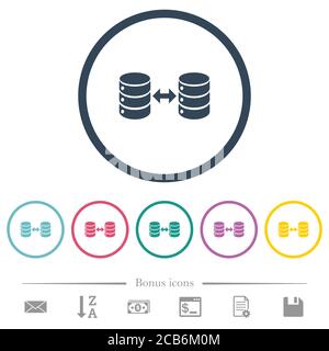 Syncronize databases flat color icons in round outlines. 6 bonus icons included. Stock Vector