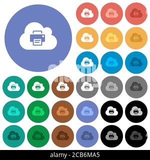 Cloud printing multi colored flat icons on round backgrounds. Included white, light and dark icon variations for hover and active status effects, and Stock Vector