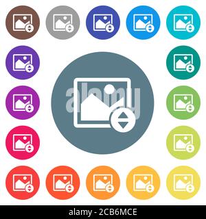 Vertically move image flat white icons on round color backgrounds. 17 background color variations are included. Stock Vector