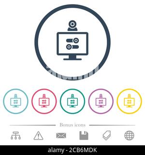 Webcam tweaking flat color icons in round outlines. 6 bonus icons included. Stock Vector