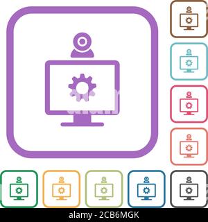 Webcam settings simple icons in color rounded square frames on white background Stock Vector