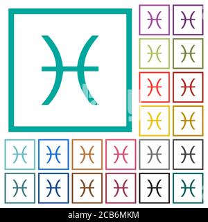 Pisces zodiac symbol flat color icons with quadrant frames on white background Stock Vector