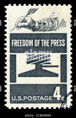 London, UK, February 19 2018 - Vintage 1958 USA cancelled postage stamp showing Freedom of the Press stamp collecting stock photo Stock Photo