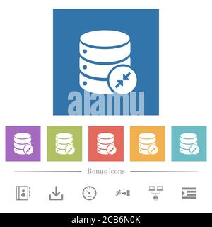 Shrink database flat white icons in square backgrounds. 6 bonus icons included. Stock Vector