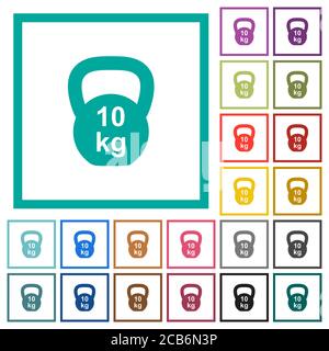 Kettlebel 10 Kg flat color icons with quadrant frames on white background Stock Vector