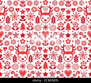 Christmas cute Scandinavian folk art vector red seamless pattern, repetitive design with reindeer, snowflakes, hearts, stars, Christmas trees and flow Stock Vector