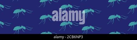 Ants seamless horizontal border. Green hand drawn insects on dark blue background. Vector illustration. Stock Vector