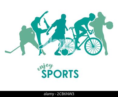 sports time poster with green athletes figures silhouettes vector illustration design Stock Vector