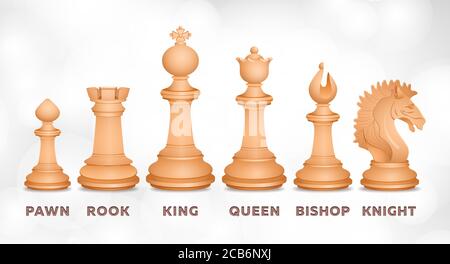 Chessmen, chess set, realistic drawing. Figurines for intellectual game, piece pawn, king, queen, bishop, knight, rook, with signed figure names isola Stock Vector