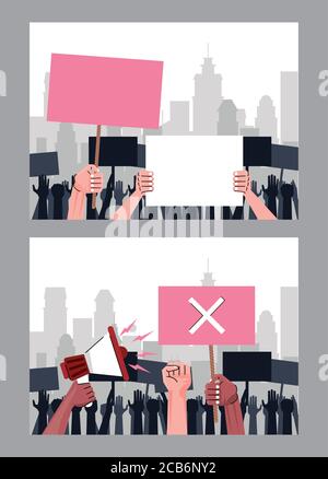 interracial hands people protesting lifting banners and megaphone scenes vector illustration design Stock Vector