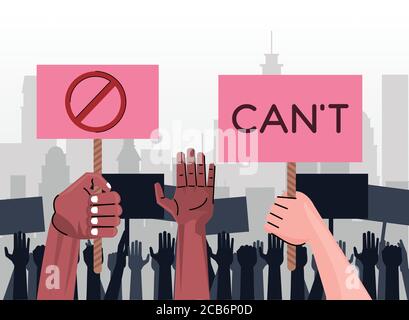 interracial people hands protesting lifting banners with cant word and stop symbol on the city vector illustration design Stock Vector