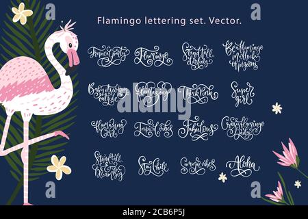 Summer lettering flamingo vector set. Summertime calligraphy quote collection. Perfect for girls tshirt print. Fabulous, aloha, stay chill and other holiday text templates. Stock Vector