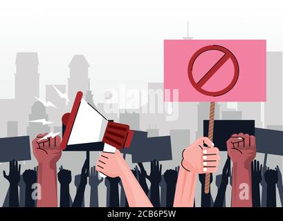 interracial people hands protesting lifting banner with stop symbol and megaphone on the city vector illustration design Stock Vector