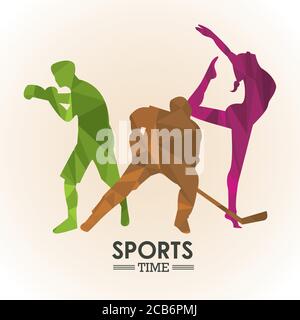 sports time poster with set colors athletes figures silhouettes vector illustration design Stock Vector