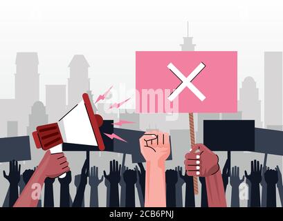 interracial people hands protesting lifting banner with x and megaphone on the city vector illustration design Stock Vector