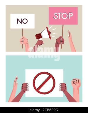 interracial hands people protesting lifting banners and megaphone scenes vector illustration design Stock Vector