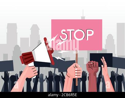 interracial people hands protesting lifting banner with stop word and megaphone on the city vector illustration design Stock Vector