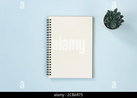 Spiral Notebook or Spring Notebook in Unlined Type and Office Plant on Blue Pastel Minimalist Background Stock Photo