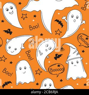 Cute white ghosts on an orange background. Illustration of a happy Halloween. Seamless vector pattern with ghosts of children's drawing style. Flat Stock Vector