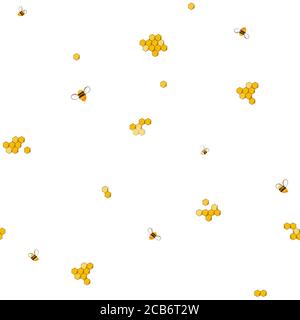 Vector cute cartoon bees on honeycombs. Seamless pattern on white background Stock Vector