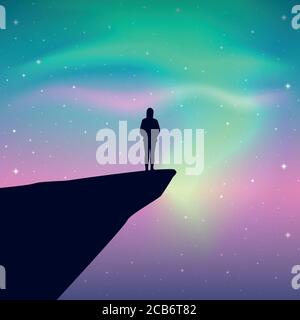 girl on a cliff looks in the colorful starry sky with aurora borealis vector illustration EPS10 Stock Vector
