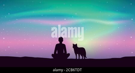man and his dog enjoy the beautiful aurora borealis in starry sky vector illustration EPS10 Stock Vector