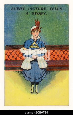 Original early WW1 era comic cartoon postcard of a woman holding babies and  wearing a triangular 'on war service badge', issued by the Ministry of defence in 1916 to female munitions workers. This cartoon champions women's role in helping the war effort in many ways!  U.K. circa 1916