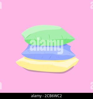 three pillows of light blue, yellow and light green lie one on one on a lilac background Stock Vector