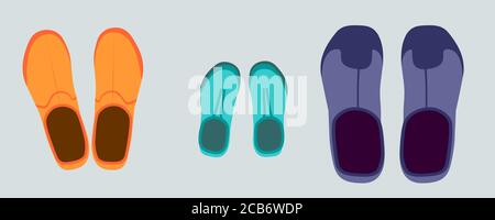 three pairs of rubber boots. orange womens, blue childrens, purple mens. view from above. flat style Stock Vector