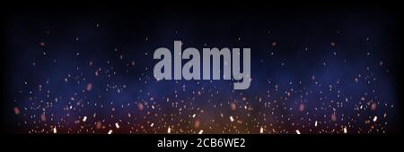Sparks of fire on dark background horizontal banner. Vector realistic illustration. Stock Vector