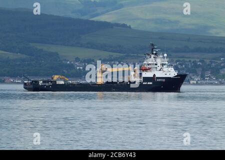 SD Northern River, a multi-purpose auxiliary vessel operated by Serco Marine Services, at anchor in the Firth of Clyde, off Greenock in Inverclyde.. Stock Photo