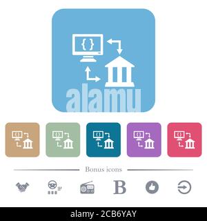 Open banking API white flat icons on color rounded square backgrounds. 6 bonus icons included Stock Vector